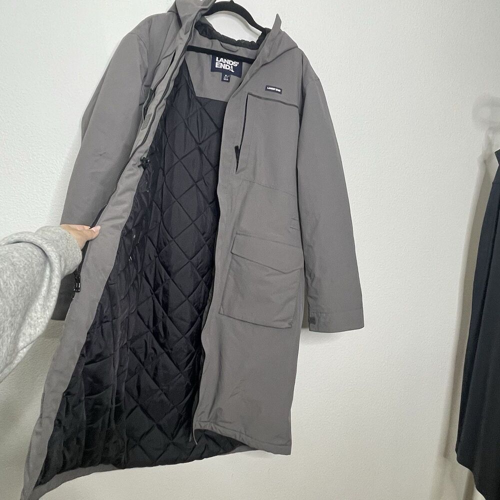 Lands' End XL Gray Hooded Long Parka Jacket Coat Weather Water proof Insulated